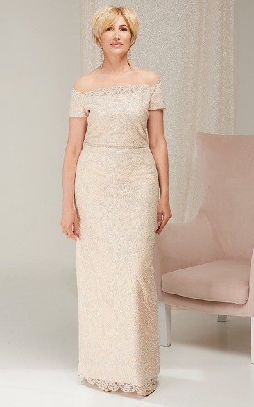 Modern Sheath Short Sleeve Lace Off-the-shoulder Zipper Floor-length Mother of the Bride Dress with Split Back