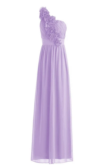 One-shoulder Chiffon Dress With Flowers and Pleats