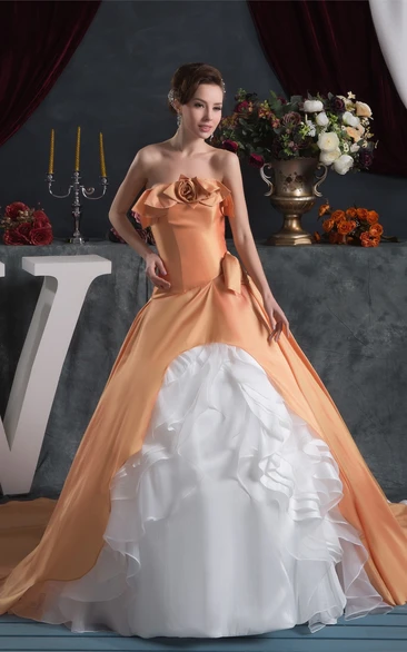 Strapless Ruffled Ball Gown with Flower and Pleats