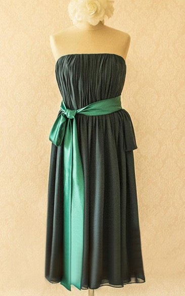 Knee-length Strapless Chiffon&Satin Dress