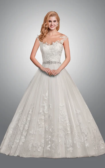 Royal Lace Beaded-Waist Ball Gown Wedding Dress