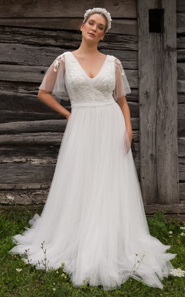 Casual Tulle Half Sleeve Brush Train A Line V-neck Wedding Dress with Ruching