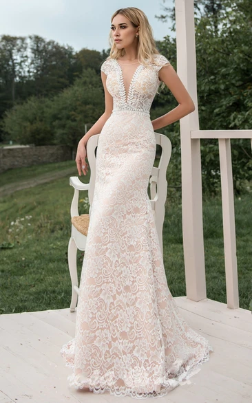 Sexy Mermaid Plunging Neckline Sweep Train Lace Wedding Dress with Appliques