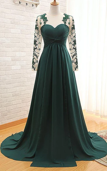 Elegant Long Sleeve Dark Green Evening Dress Chiffon Long With Appliques