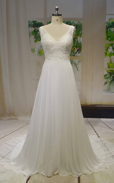 Lace Top V-neck Sleeveless Chiffon A-line Wedding Dress With V-back Buttons