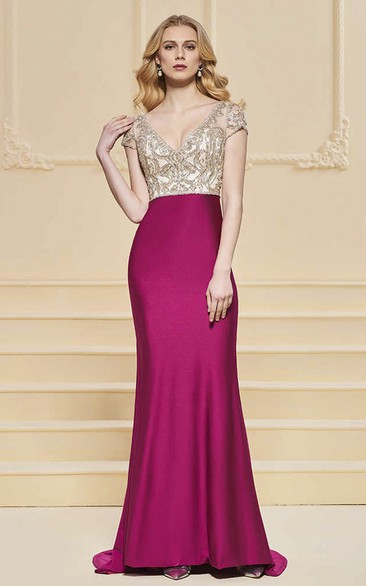 Sexy Plunging Illusion Sheath Satin Two Tune Gown With Beading