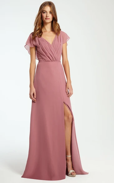 V-Neck Ruched Sleeveless Chiffon Bridesmaid Dress With Split Front