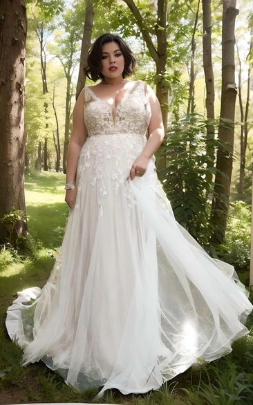 Plus Size A-Line Lace Tulle Sleeveless Wedding Dress 2023 Sexy Bohemian Elegant Country Garden Floor-length Sweep Train