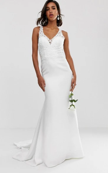 Ethereal Chiffon Sheath Straps Button Back Wedding Dress with Applique