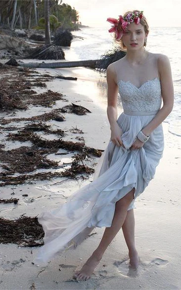 Illusion Neckline Sheer Back Beach Lace Chiffon Wedding Dress