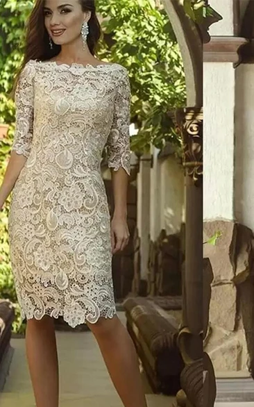 Sheath Bateau Lace Beach Evening Dress Simple Casual Sexy Romantic Adorable With Illusion Back And Appliques And Half Sleeves