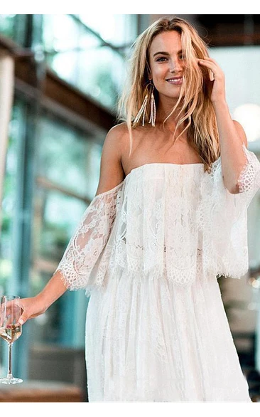 Boho Lace Brush Train Short Sheer Sleeve A-Line Destination Wedding Dress