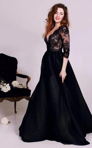 Gothic Black A-Line Boho Lace Long Wedding Dress with 3/4 Length Sleeve Sexy Illusion Elopement V-Neck Appliqued Gown