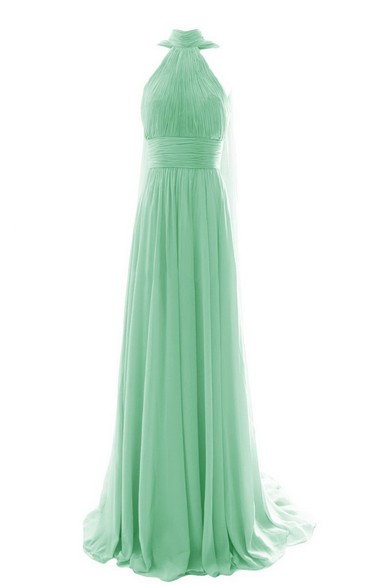 High Neck Pleated Chiffon A-line Gown With Cape
