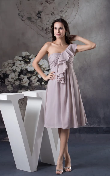 One-Shoulder Empire Midi Chiffon Dress with Ruching and Draping