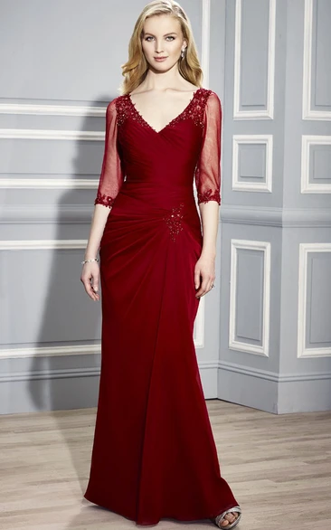 Floor-Length V-Neck Ruched Half-Sleeve Jersey Formal Dress With Beading