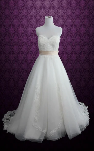 Sweetheart Backless Long Tulle Wedding Dress With Sash And Appliques