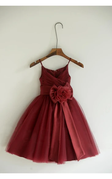 Spaghetti Strap V-neck Ruched Tulle Dresses With Sash Bow Flower