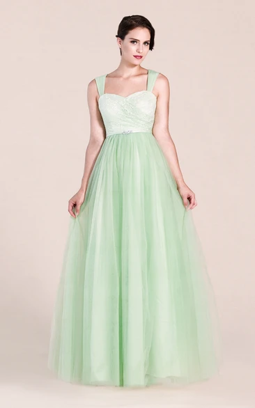 A-line Long Lace and Tulle Bridesmaid Dress