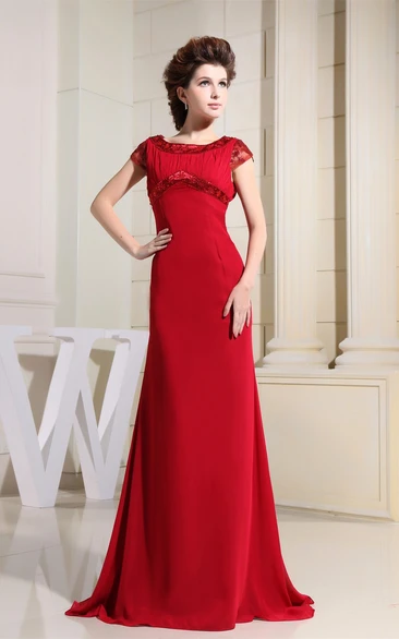 Caped-Sleeve Appliqued Chiffon Sheath Dress with Rhinestone