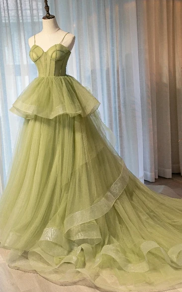 Modern Ball Gown Floor-length Sleeveless Tulle Spaghetti Prom Dress with Peplum