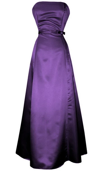 Strapless Long Satin Dress With Sash and Ruching