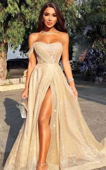A-Line Off-the-shoulder Sequins Beach Country Prom Evening Dress Simple Casual Sexy Romantic With Open Back And Split Front