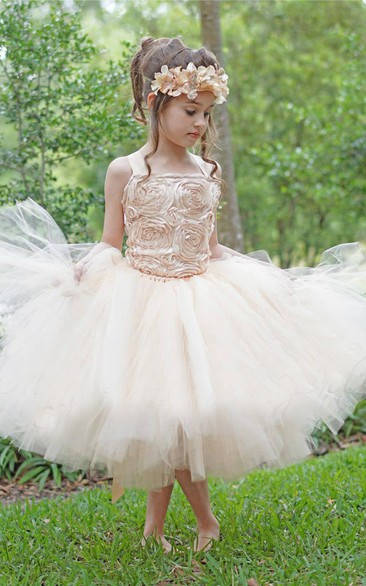 Satin Strapped Tulle Dress With Flower Bodice