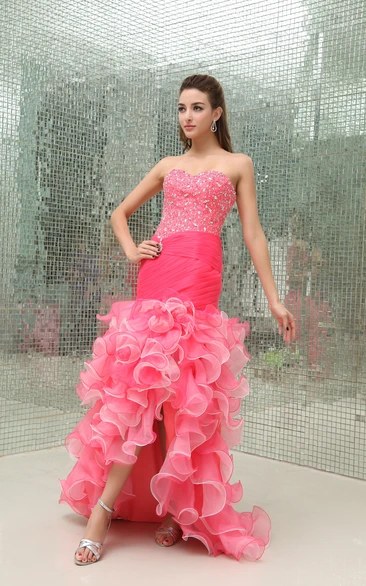 Strapless Mermaid Ruffled Dress With Beaded Top and Front Slit