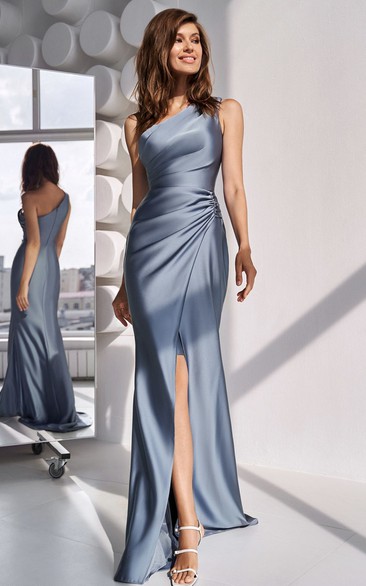 Romantic Satin One-shoulder Sheath Floor-length Evening Dress with Ruching