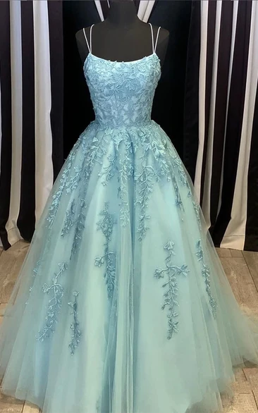 Ethereal Lace Sleeveless Floor-length Ball Gown Spaghetti Prom Dress with Appliques
