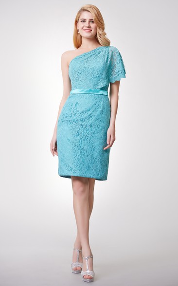 Fabulous One Shoulder Form Fitted Short Lace Dress With Side Draping