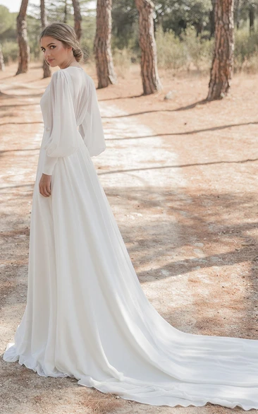 Simple Modest A-Line Long Sleeve Floor Wedding Dress Casual Chic Stunning High Neck Chiffon Gown with Chapel Train
