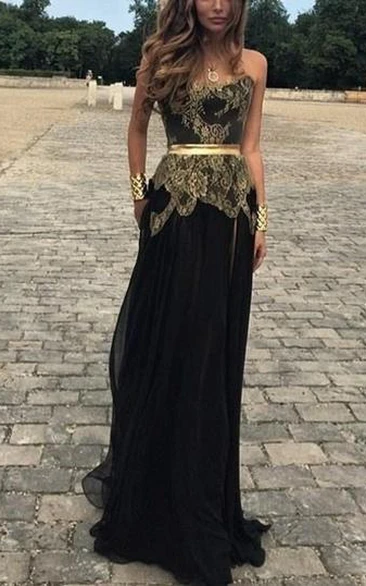 Sexy Sweetheart Gold Appliques Black Evening Dress Long on Sale