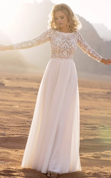 A-Line Bateau Chiffon Beach Wedding Dress With Illusion Back And Illusion Sleeves