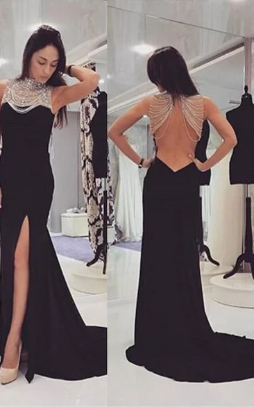 Sexy Black Beadings Prom Dress Front Split Long Chiffon Gowns