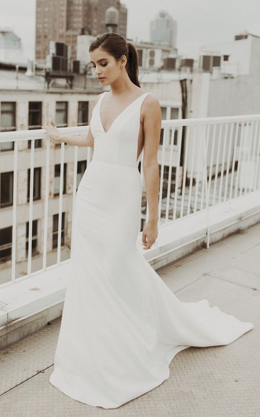 Sexy V-neck Mermaid Satin Wedding Gown With Train And Deep V-back