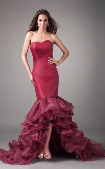 Strapless Mermaid High-Low Gown with Ruffles and Sweep Train