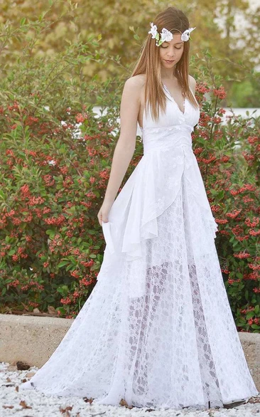 Plunged Haltered A-Line Lace Backless Wedding Dress With Draping