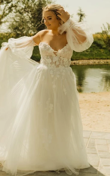 Casual A-Line Off-the-shoulder Lace Tulle Wedding Dress With Sweetheart Neck And Appliques