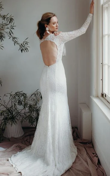 Lace Plunging V-neck Sexy Sheath Bridal Gown With Long Sleeves And Keyhole Back