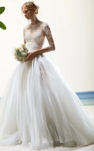 Romantic Jewel Half Sleeve Floor-length Tulle Ball Gown Wedding Dress with Appliques