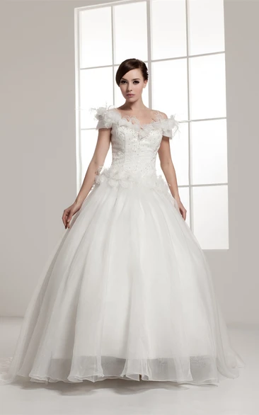 Off-The-Shoulder A-Line Ball Gown with Beading and Floral Waist