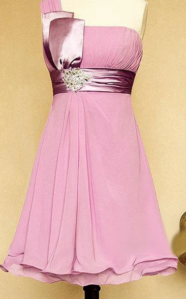 Knee-length One-shoulder Strapped Chiffon&Satin Dress With Beading&Sequins&Broach