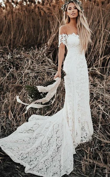 June Bridals Floral Vintage Mermaid Boho Lace Wedding Dress Modest Country Off The Shoulder Bridal Gown with Train Western Rustic White Size 6