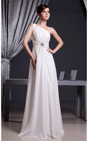 One-Shoulder Floor-Length A-Line Gown with Crystal Detailings