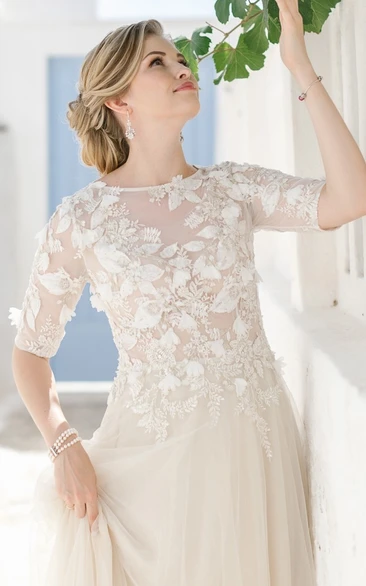 Elegant A Line Bateau Neck Tulle Half Sleeve Wedding Dress