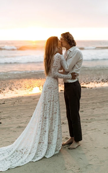 Modest Floral Beach Boho Lace Fall Wedding Dress with Sleeves Elegant Boat Neck Long Sleeve Open Back Sweep Train Bridal Gown June Bridals