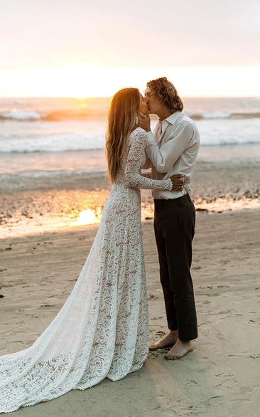 Modest Floral Beach Boho Lace Wedding Dress with Sleeves Elegant Boat Neck Open Back Sweep Train Bridal Gown