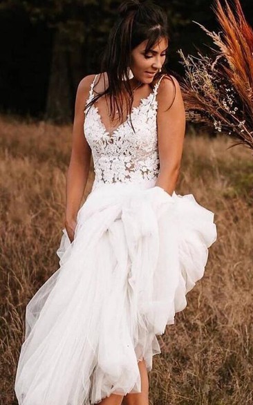 Country Sexy Spaghetti A Line Casual Lace Tulle V-neck Sleeveless Wedding Dress